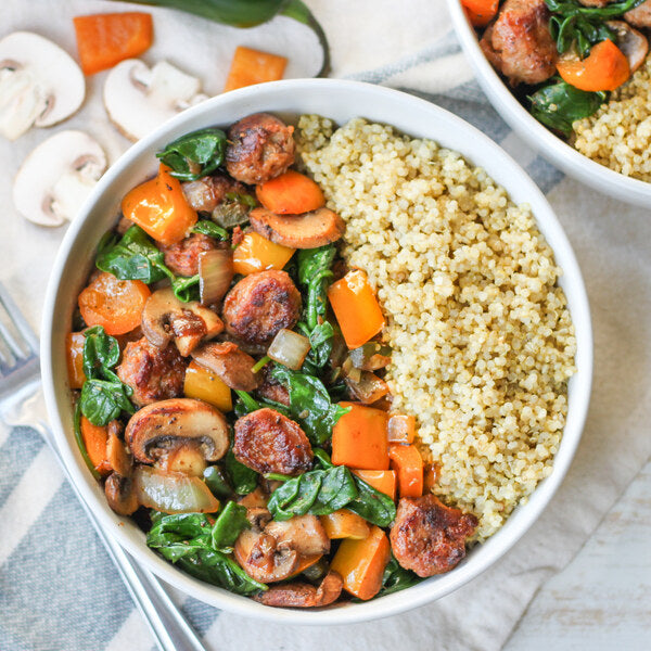 Spicy Sausage, Mushroom & Bell Pepper Quinoa Bowl with Wilted Spinach