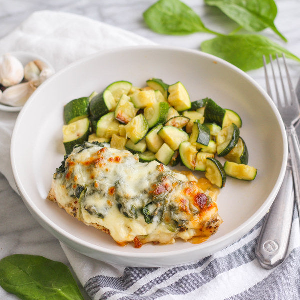 Two Cheese Spinach & Chicken Bake with Roasted Zucchin